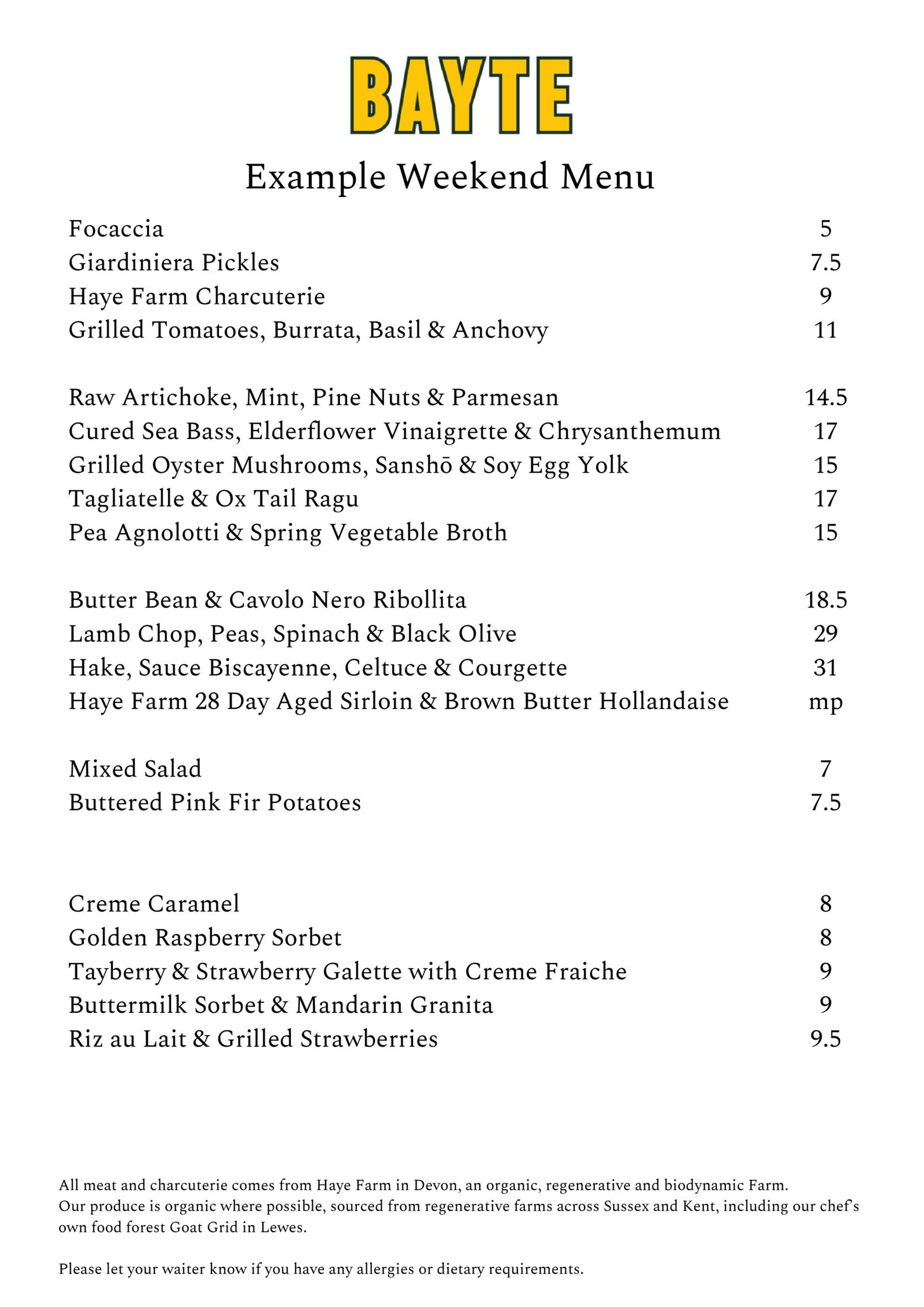 Weekend Menu